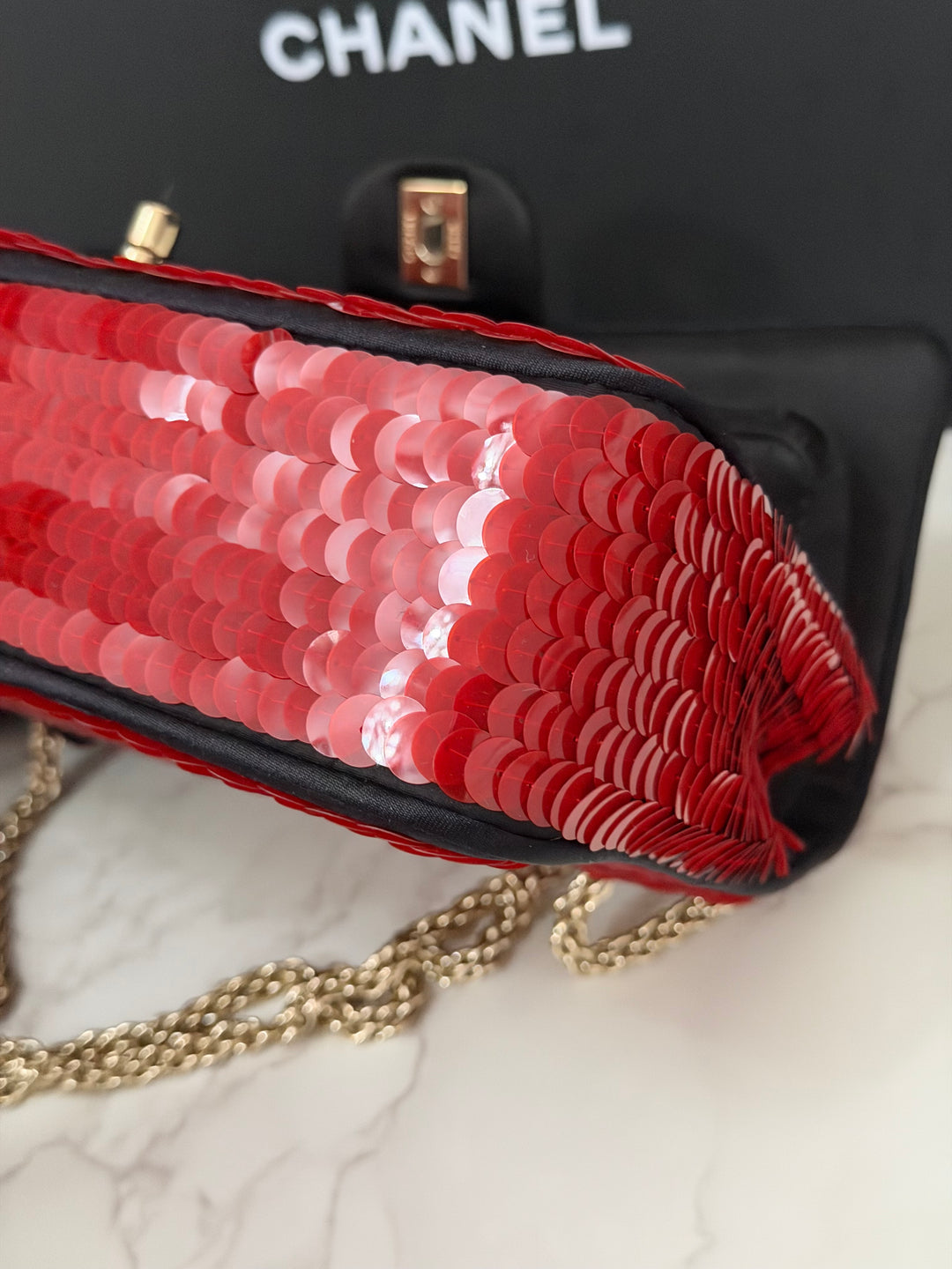 CHANEL series 13 2010 Red Sequin and Black Satin Paris-Shanghai Medium Flap Bag Gold Hardware
