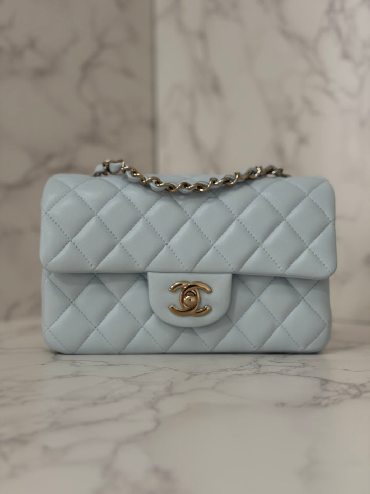 CHANEL 25S collection 2025 Light Baby Blue Lambskin LGHW Mini Rectangular Flap Bag