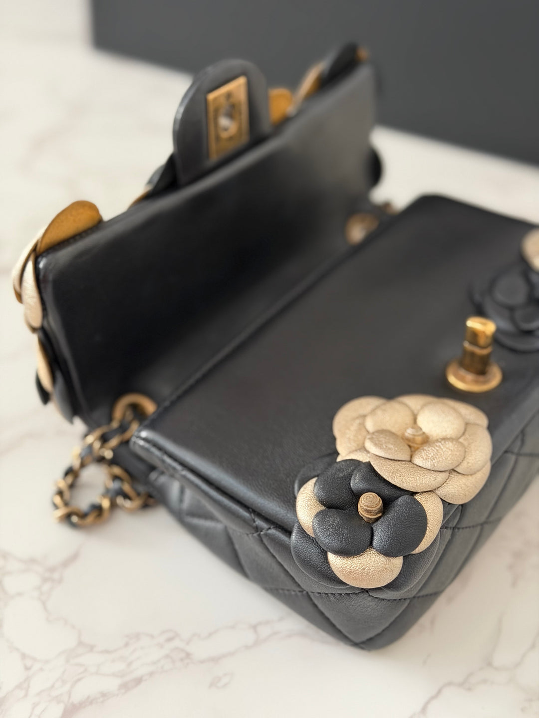 CHANEL series 21 Black Metallic Gold Camellia Flower Lambskin Mini Rectangular Flap Bag with Vintage GHW