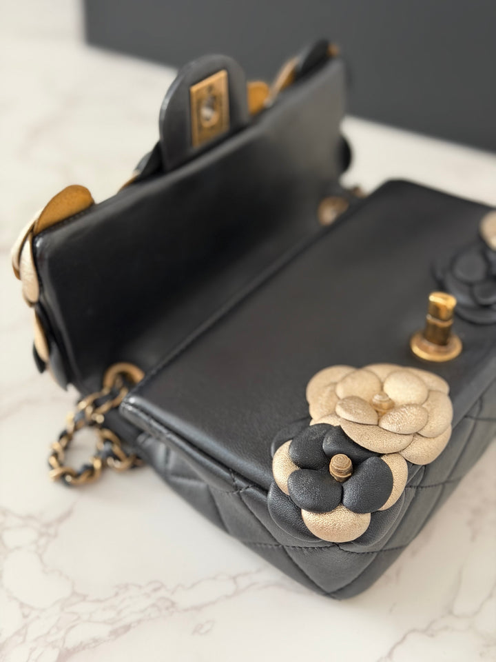 CHANEL series 21 Black Metallic Gold Camellia Flower Lambskin Mini Rectangular Flap Bag with Vintage GHW