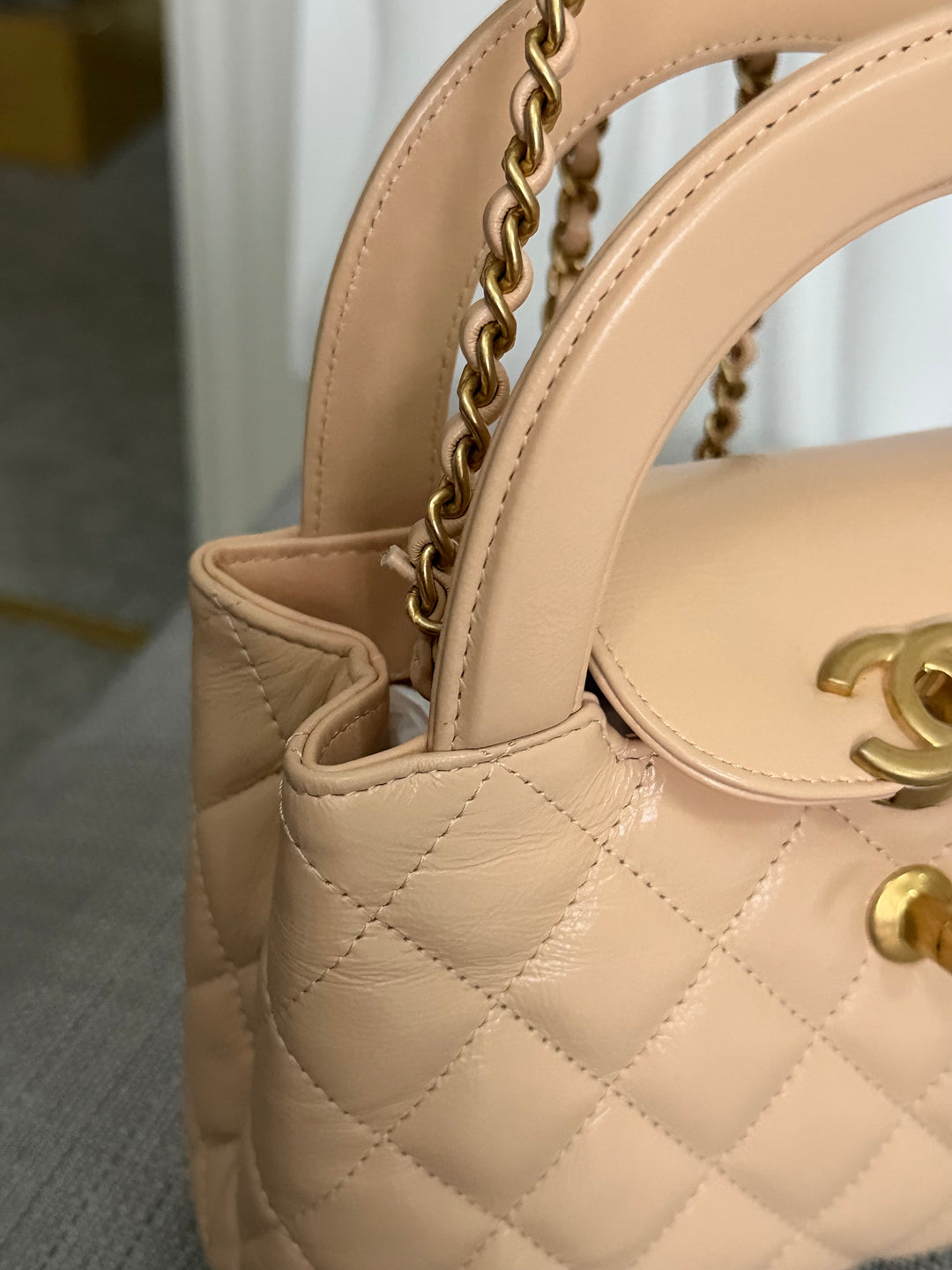 CHANEL 25C Powder Beige Calf Skin aged GHW Kelly Nano Shopping Bag Size Small 19 cms