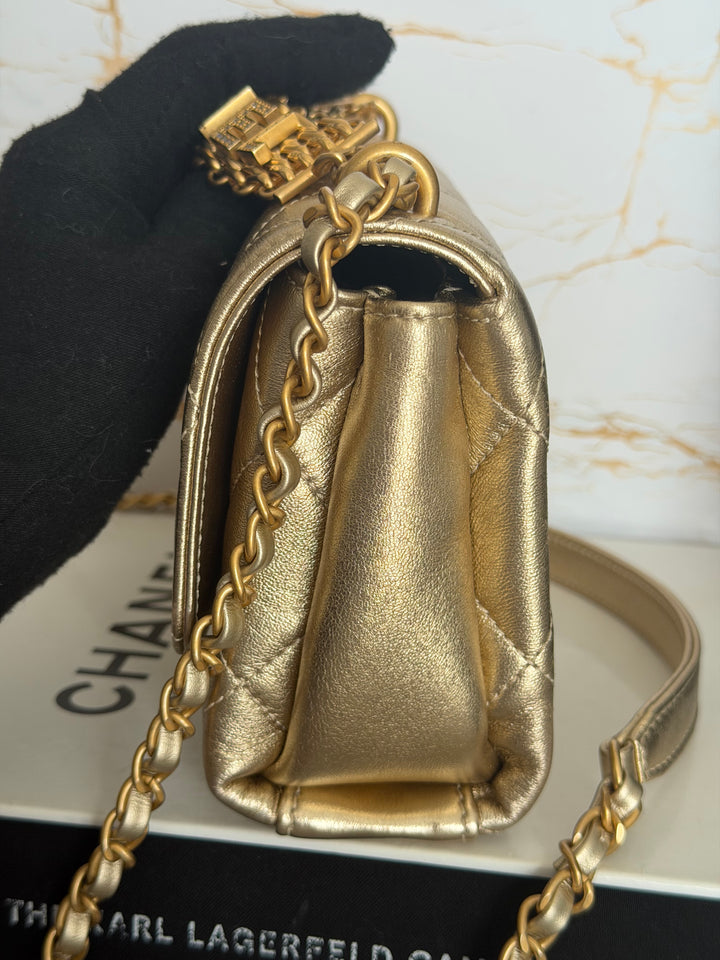 CHANEL Gold Metallic Lambskin CC Crystal Logo Chain Flap Bag 2022