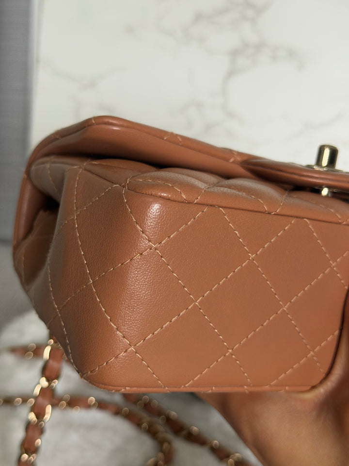 CHANEL 22S Caramel Brown NB356 Lambskin LGHW Mini Rectangular Flap Bag 2022
