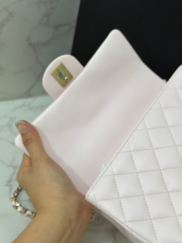 CHANEL 22P 2022 Sakura Light Pink Lambskin LGHW Mini Rectangular Flap Bag with Top Handle