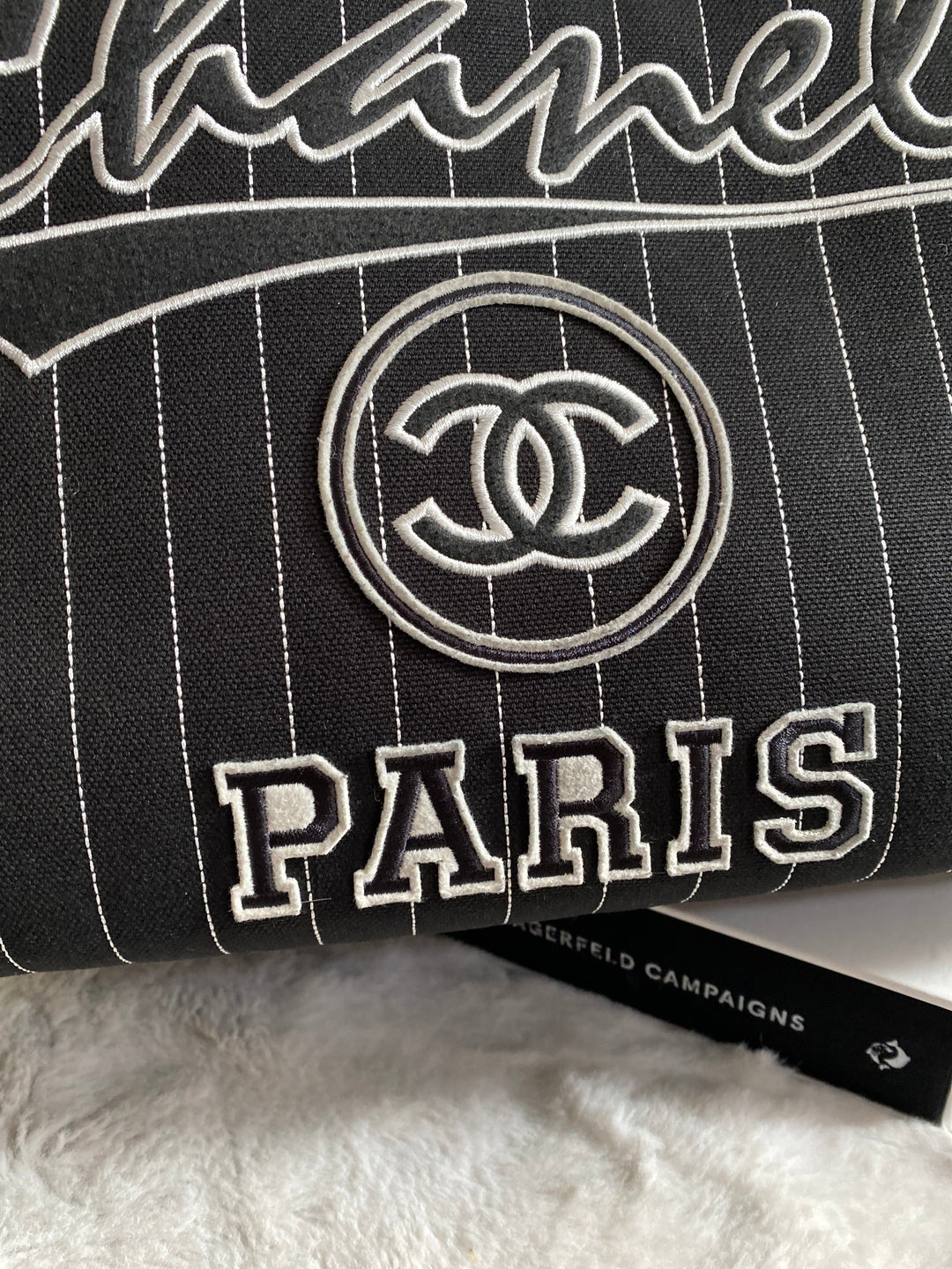 Chanel 23P 2023 collection in Black/White Stripe Canvas Deauville Tote with Top Handle and detachable pouch size Medium (15 inches)