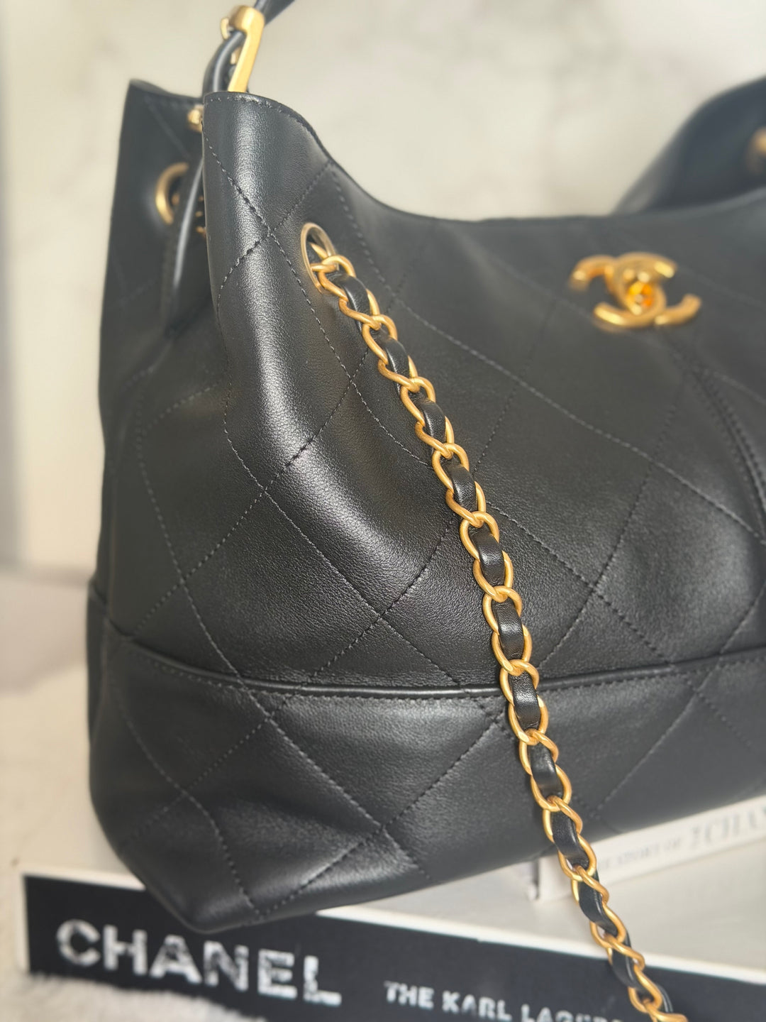 CHANEL 25A Black Calf Skin aged GHW Hobo Shopping Bag size Small 2025