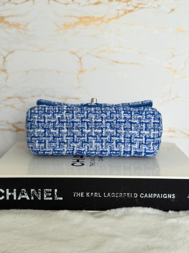 CHANEL 23P Cobalt Blue Muti Coloured Tweed Brushed SHW Mini rectangular flap bag 2023