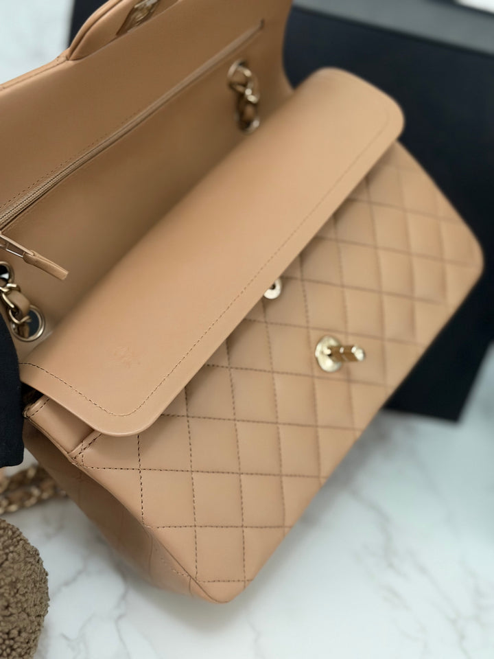 CHANEL 22K collection 2022 Dark Beige Lambskin LGHW Medium ML Timeless Classic Double Flap Bag