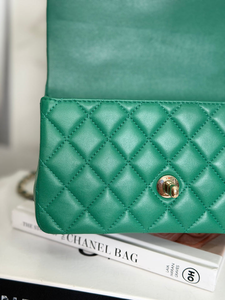 CHANEL Green Lambskin LGHW Mini Rectangular Flap Bag with Top Handle 2022 22A collection