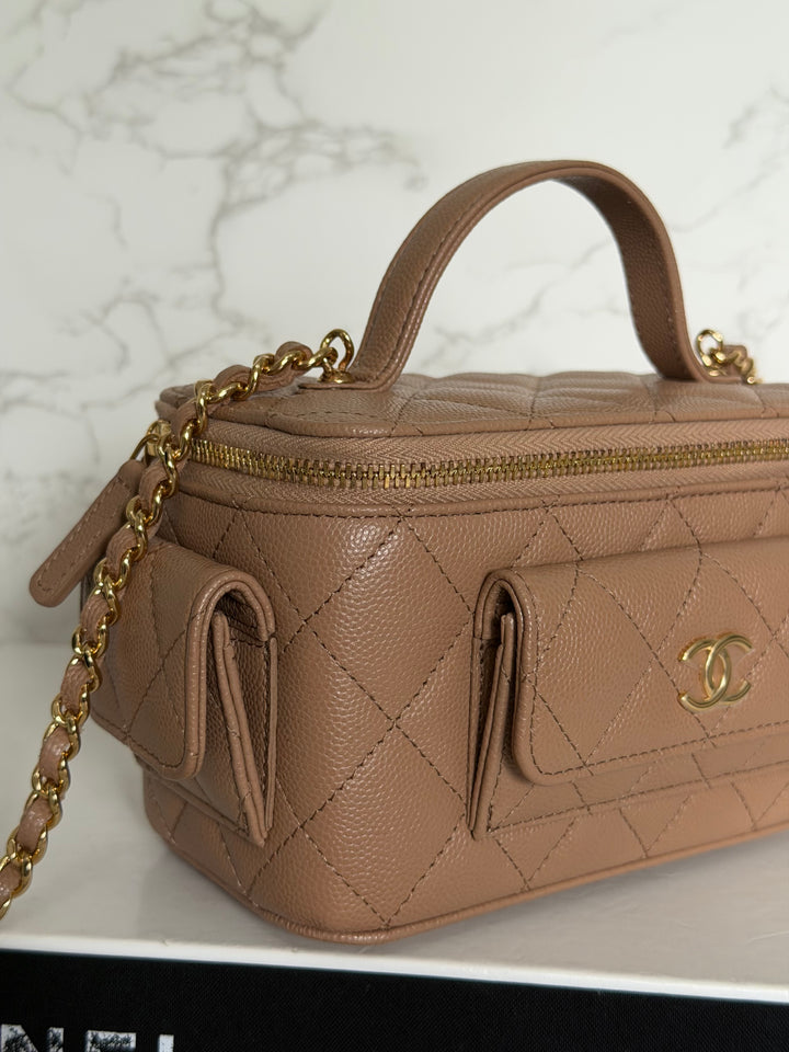 CHANEL Dark Beige Caviar Cargo Polly Pocket Vanity Case with Top Handle GHW 2023