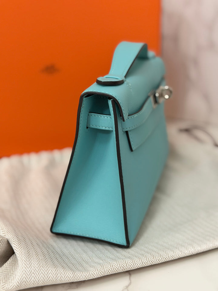 Hermès Kelly Pochette Swift Leather in Bleu Atoll 3P PHW Palladium Hardware Stamp T