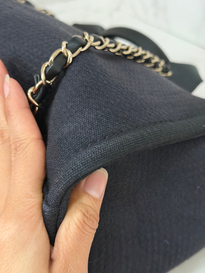 CHANEL 22B 2022 Black Tweed Deauville Tote size Small with Top Handle LGHW and Detachable Pouch