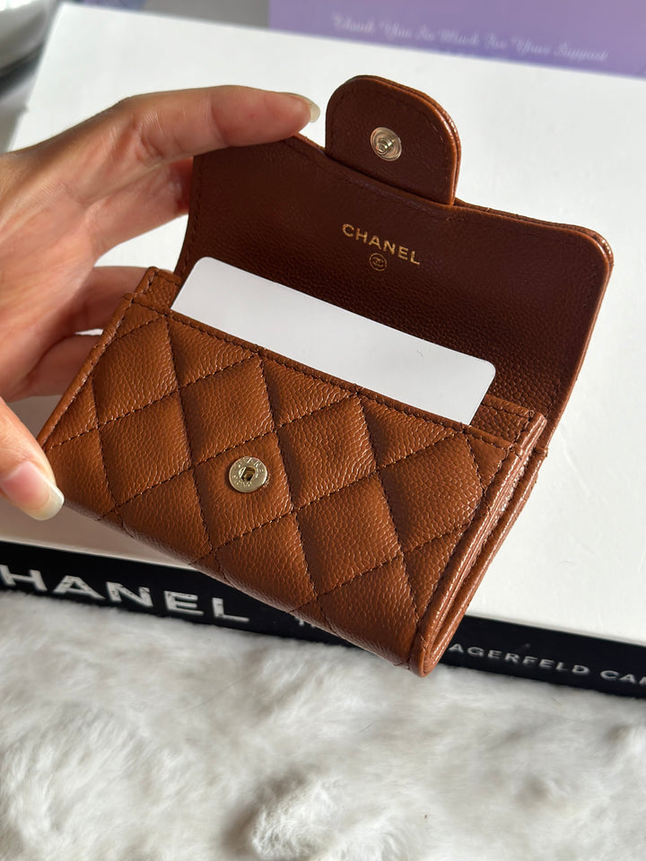 Chanel 23A Brown Caviar LGHW Classic Flap Snap Card Holder