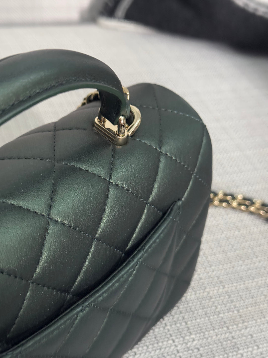 Chanel Iridescent Dark Green Lambskin Mini Rectangular Flap Bag with Top Handle and Champagne GHW