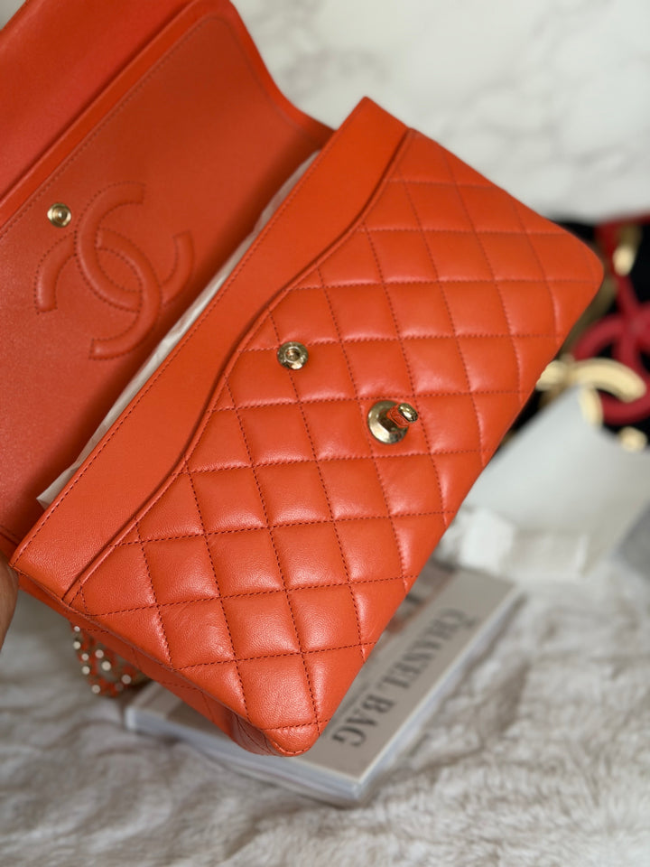 CHANEL 20S Orange Lambskin LGHW Medium ML Timeless Classic Double Flap Bag