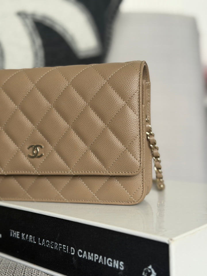 CHANEL 22A Dark Beige Caviar LGHW Classic Wallet on chain (WOC) 2023