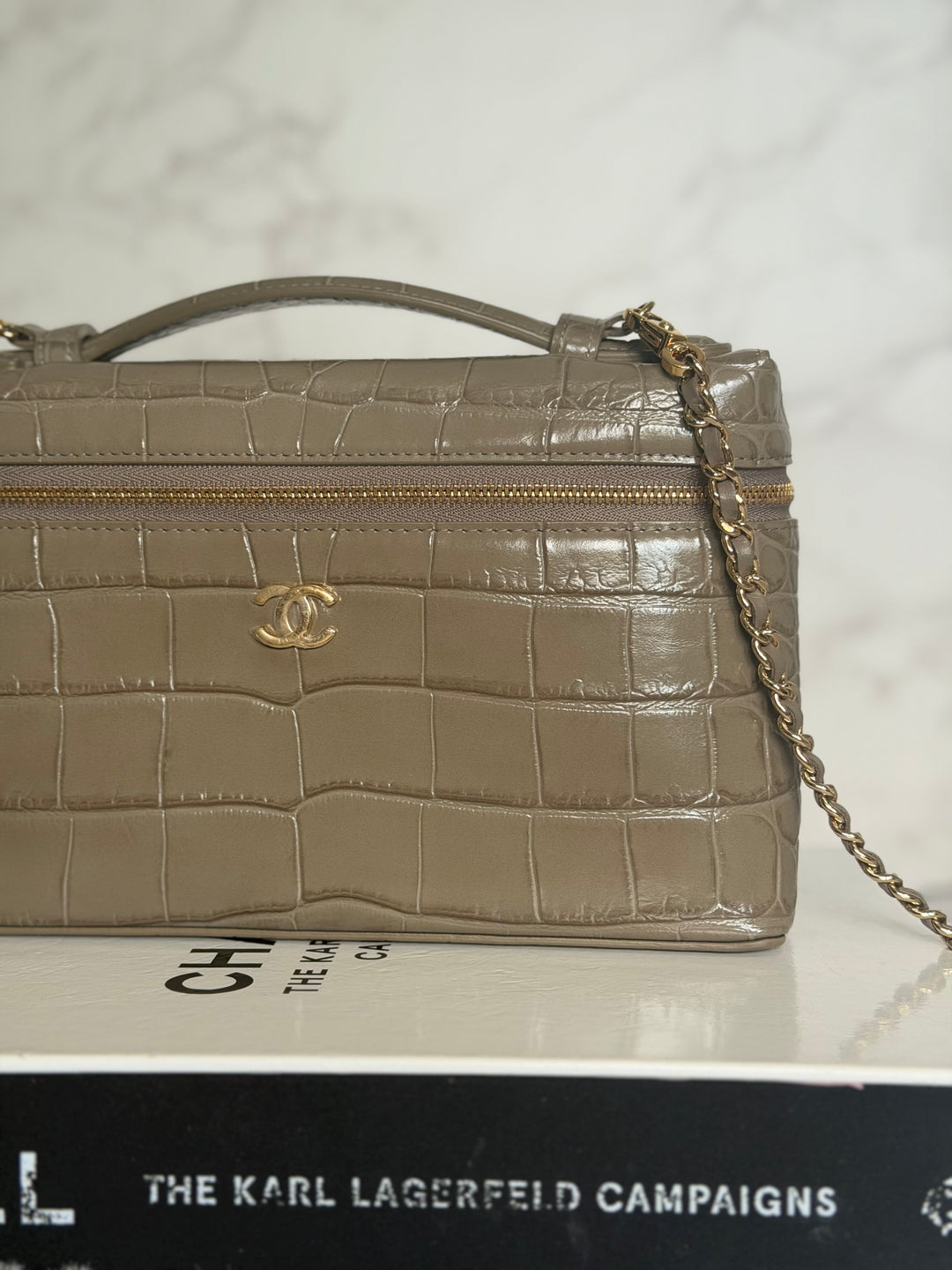 CHANEL 26A Etoupe Khaki Croc Embossed Calf skin LGHW LP Long Vanity size Medium 23 cms with detachable chain 2026