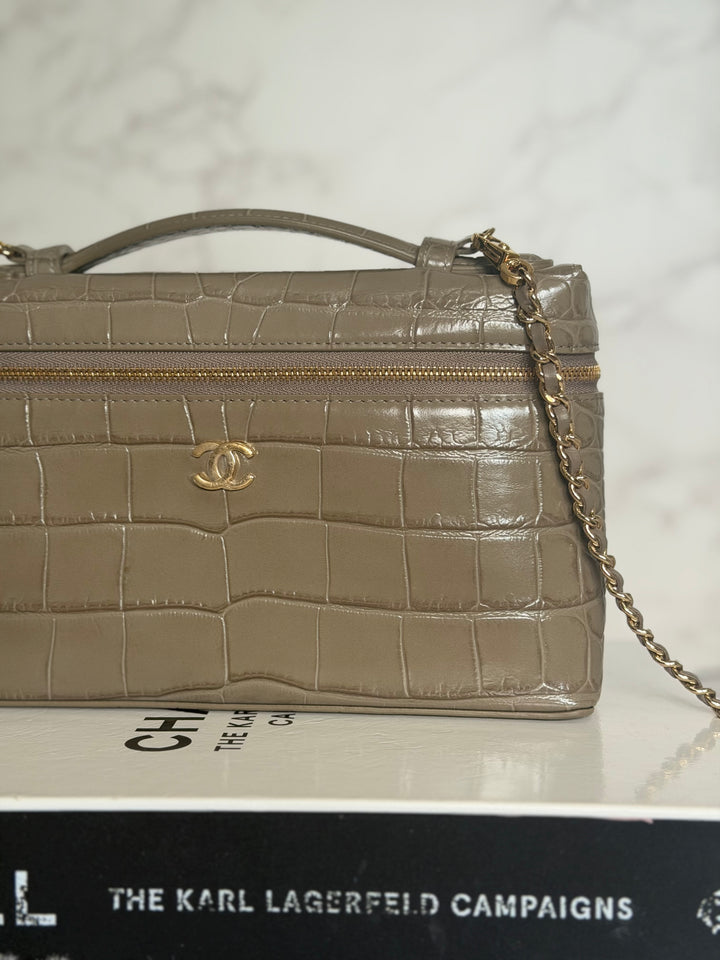 CHANEL 26A Etoupe Khaki Croc Embossed Calf skin LGHW LP Long Vanity size Medium 23 cms with detachable chain 2026