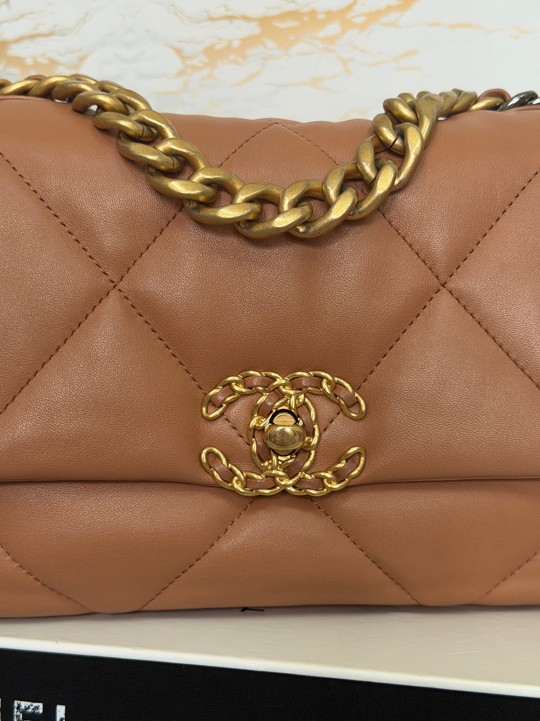 CHANEL Caramel Brown Lambskin Mixed Hardware 19 Flap Bag size SMALL 2022