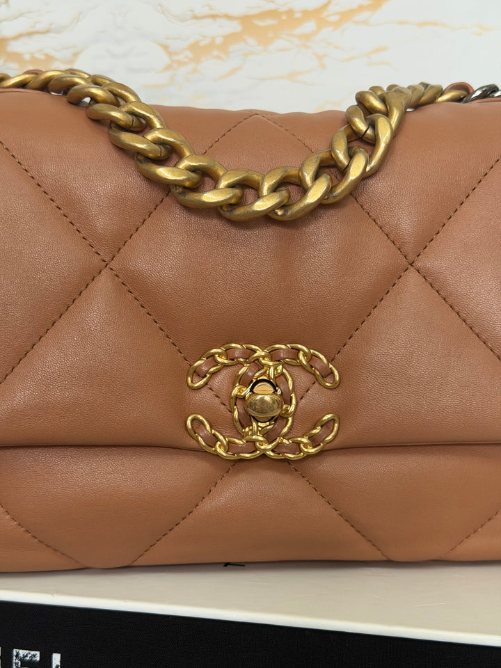 CHANEL Caramel Brown Lambskin Mixed Hardware 19 Flap Bag size SMALL 2022