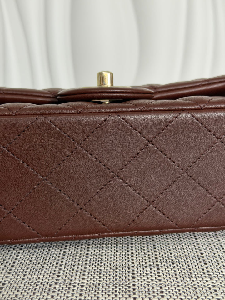 CHANEL 25K collection 2025 Brown Lambskin LGHW Mini Rectangular Flap Bag with Leather Top Handle