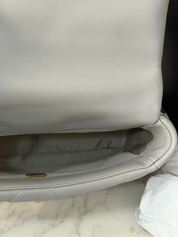 CHANEL 19 size Small Grey Lambskin Mixed Hardware 21B 2021 Flap Bag with Top Handle