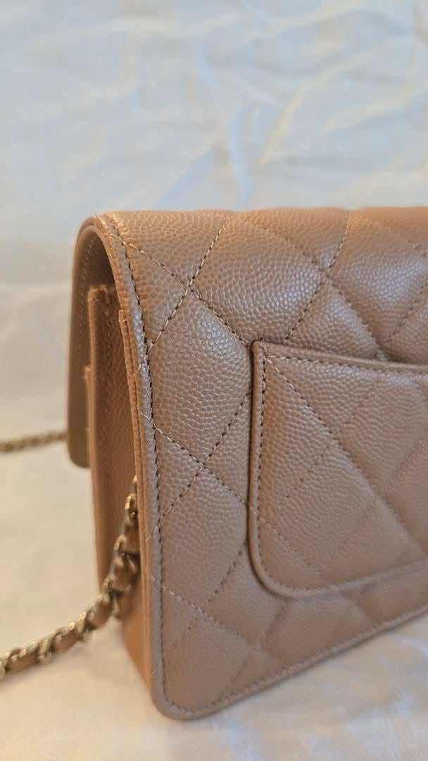 CHANEL 23P Caramel Dark Beige Caviar LGHW Classic Wallet On Chain (WOC)