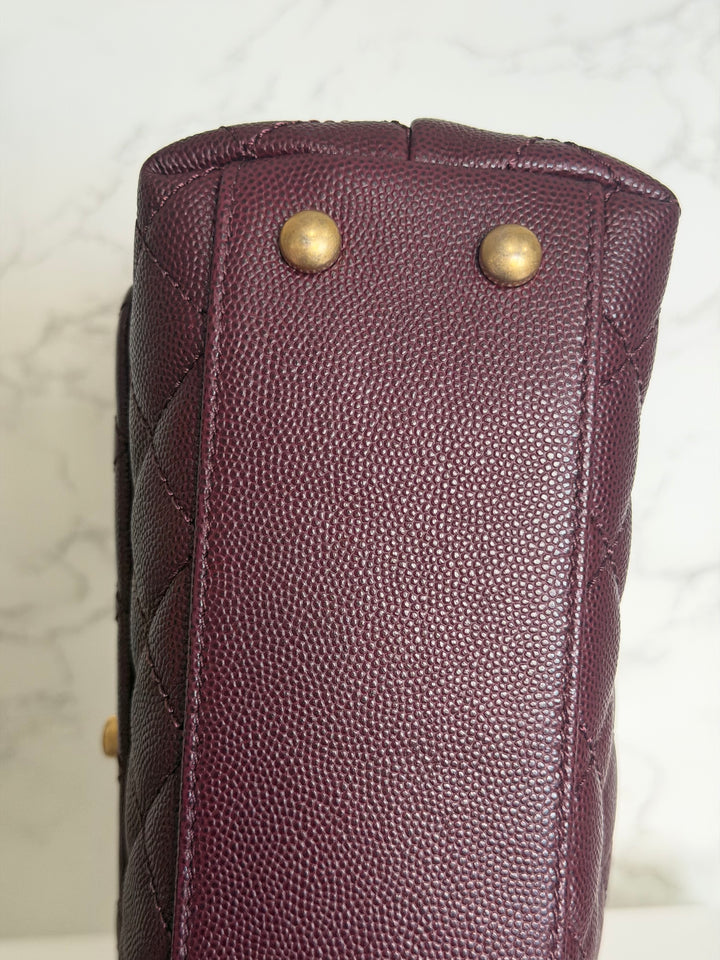 CHANEL series 26 Burgundy Caviar Aged GHW Coco Handle Flap Bag size SMALL with Pink sea snake handle 2018
