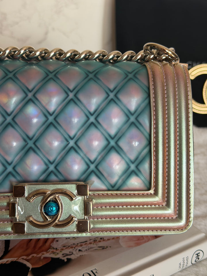 CHANEL 18S Iridescent Patent Calf Skin Purple Blue Mermaid Le Boy Flap Bag size Small