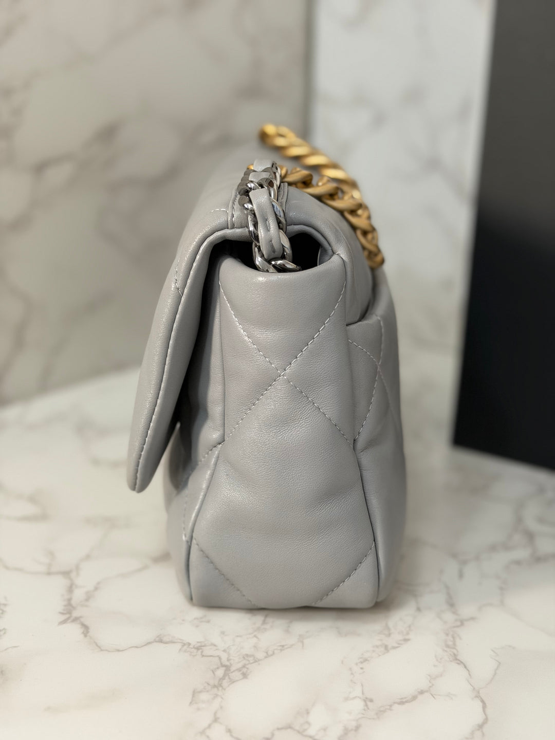 CHANEL 19 size Small Grey Lambskin Mixed Hardware 21B 2021 Flap Bag with Top Handle