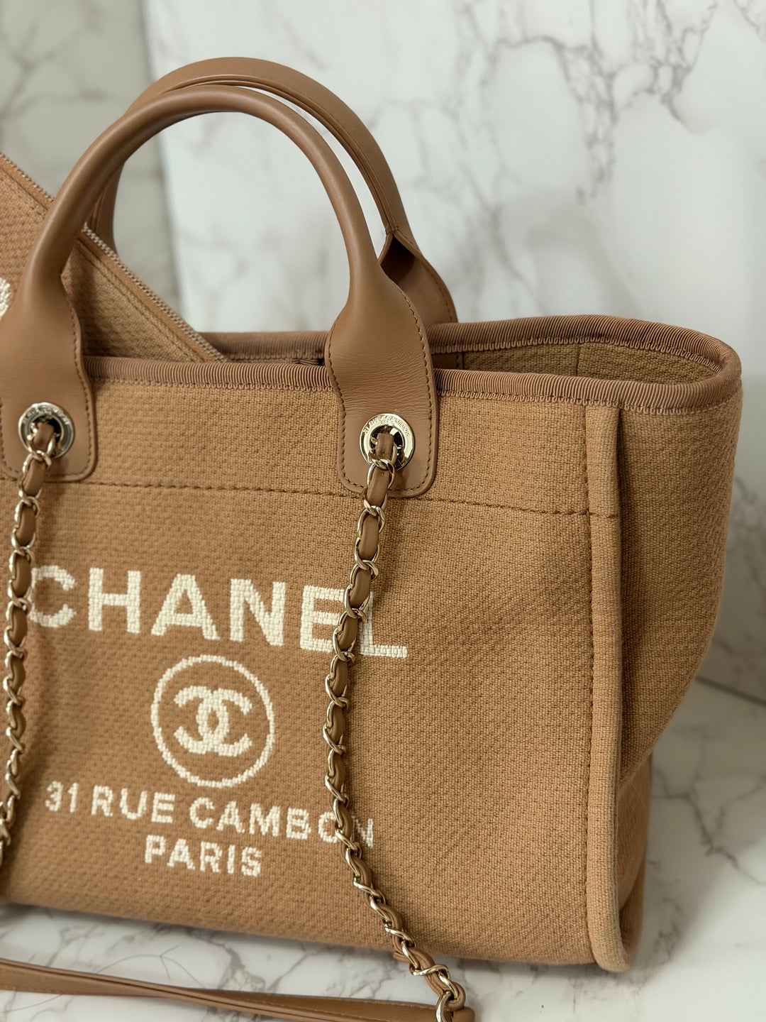 CHANEL 24P collection 2024 Beige Tweed Deauville Tote size Small with top handle LGHW and pouch