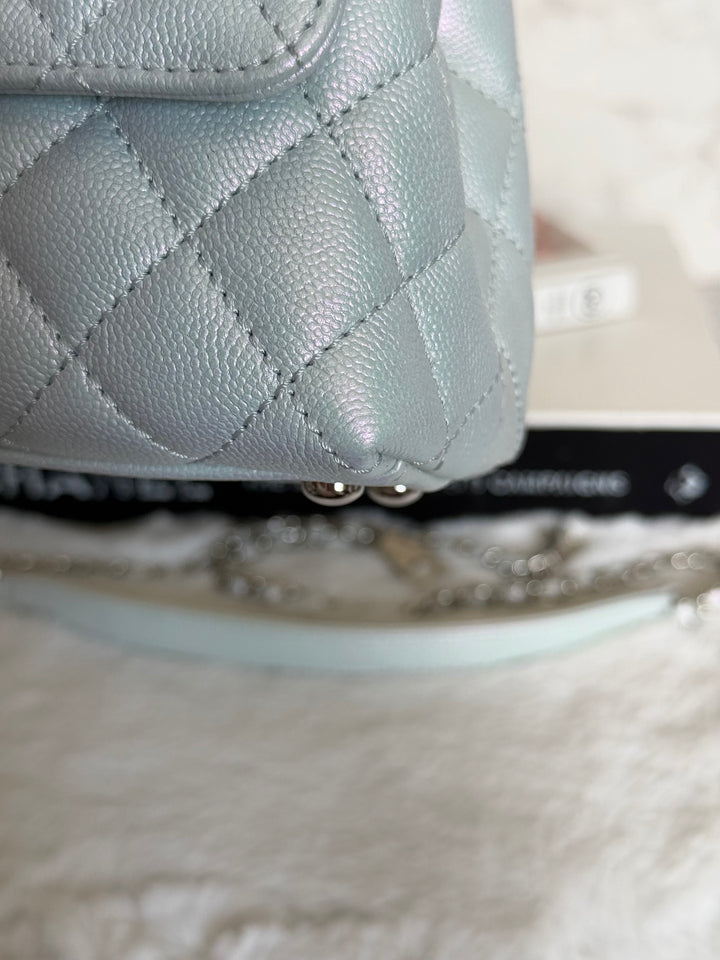 CHANEL 21K iridescent Light Blue Caviar Rainbow and shiny SHW Coco Handle Flap Bag size Small 2021