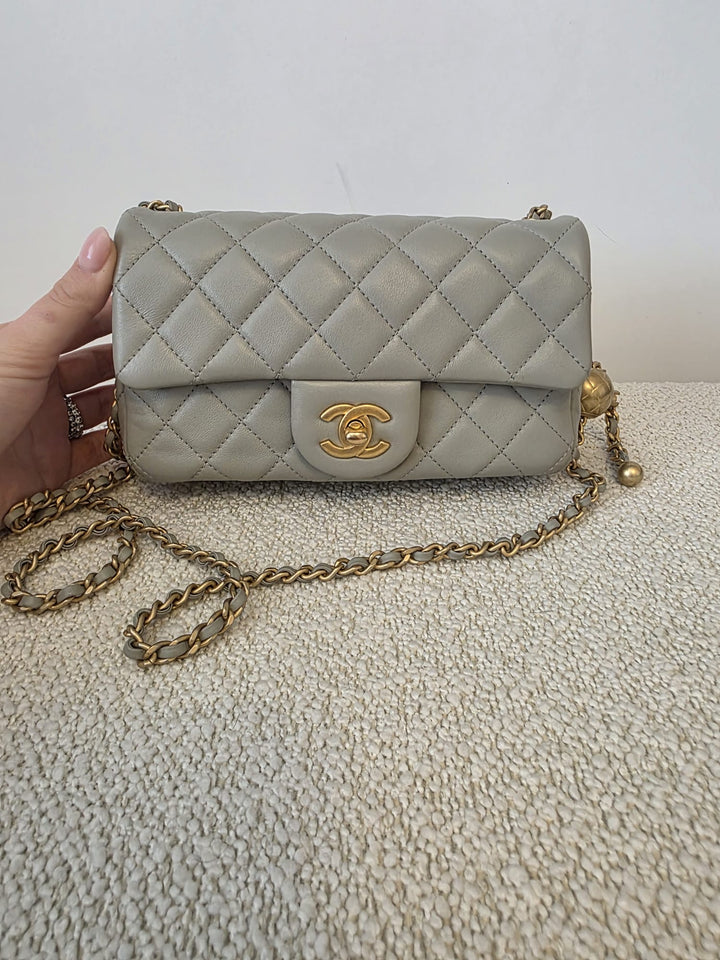 CHANEL Grey Lambskin Adjustable Chain Pearl Crush Mini Rectangular Flap Bag with Aged GHW