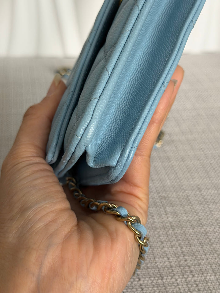 CHANEL 22S Collection 2022 Baby Blue/ Light Blue Caviar LGHW Classic Wallet on chain (WOC)