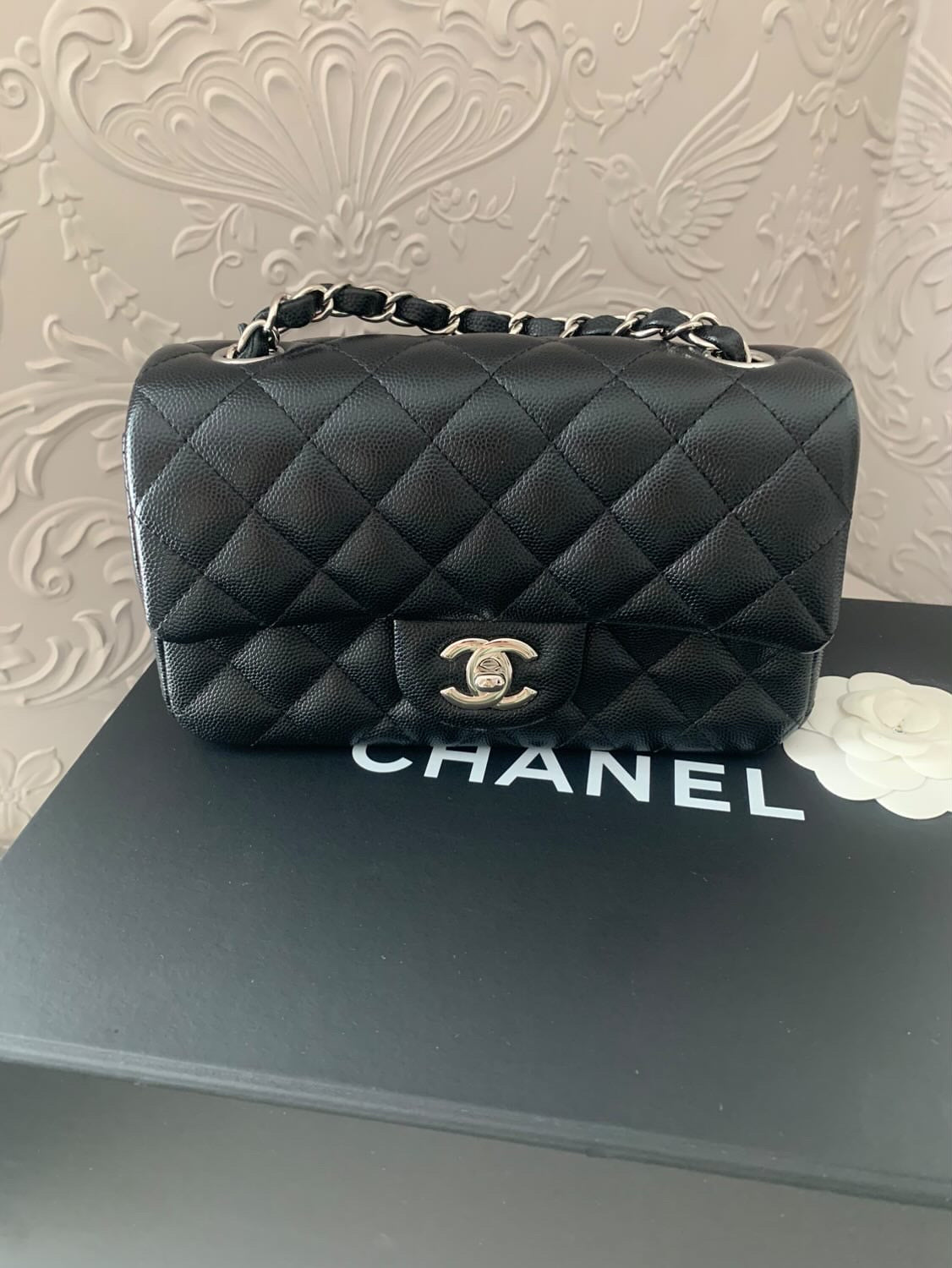 Chanel 17B Collection Series 24 Black Caviar SHW Mini Rectangular Flap Bag With Burgundy Lining