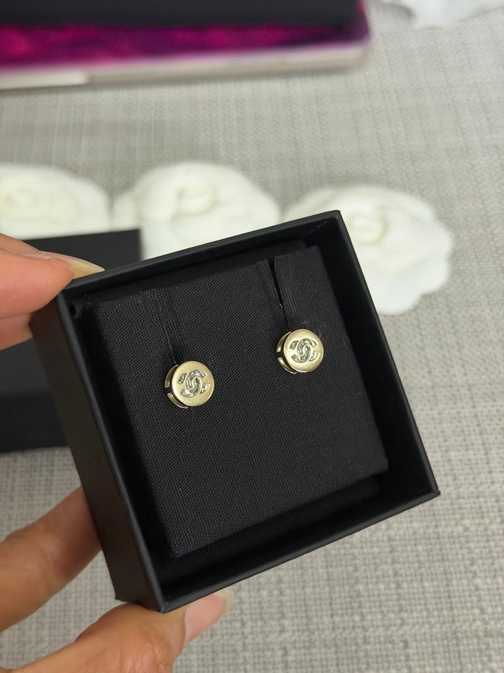 CHANEL 2024 Light Gold Round Earrings with Crystals 0.5 cms diameter