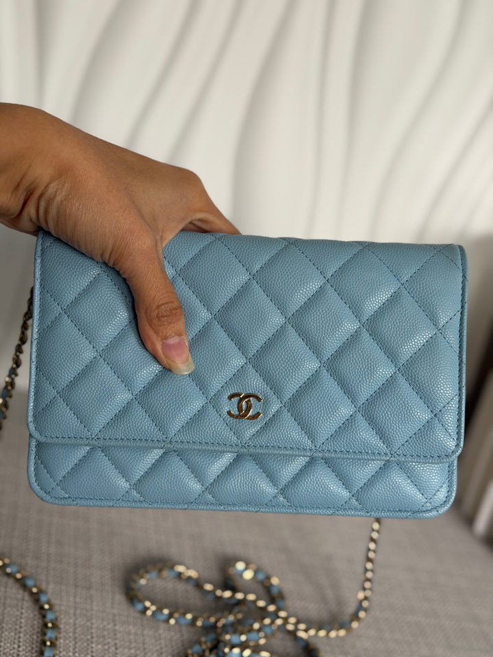 CHANEL 22S Collection 2022 Baby Blue/ Light Blue Caviar LGHW Classic Wallet on chain (WOC)
