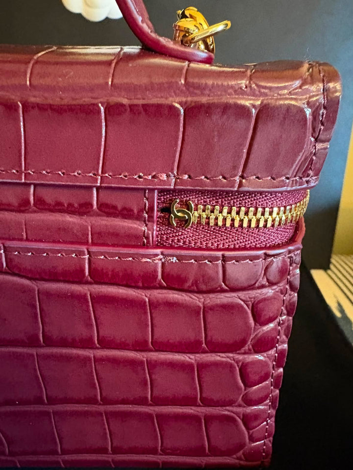 CHANEL 26B Burgundy Calf Skin Croc Embossed LGHW LP Long Vanity with detachable chain size SMALL 19 cms 2026