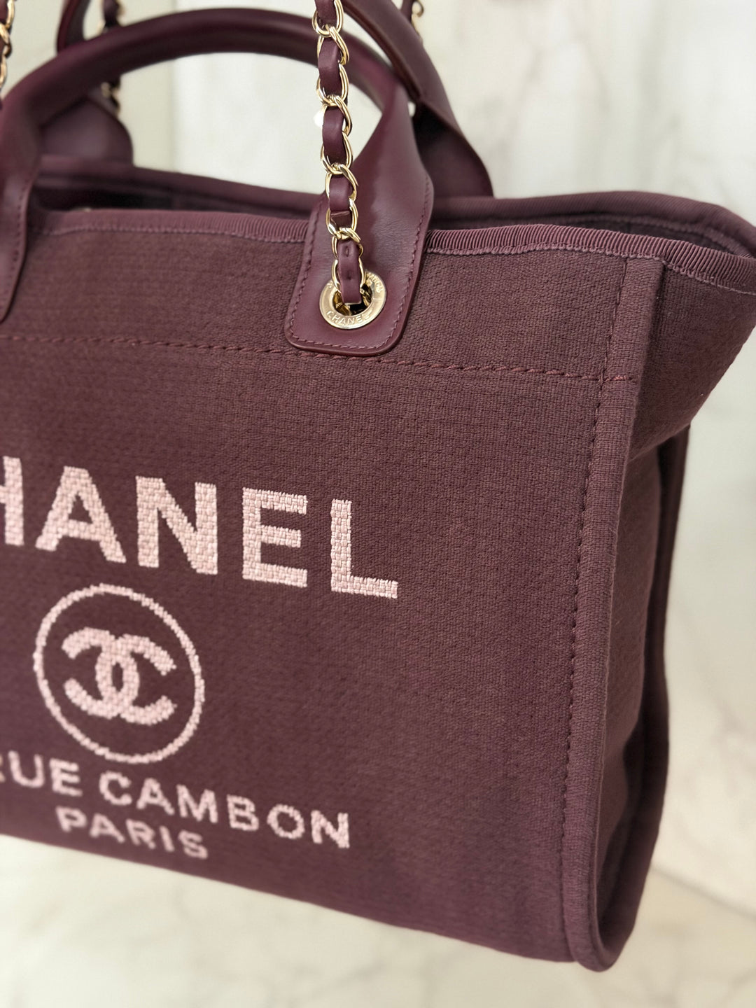 Chanel 24B Collection 2024 Burgundy Tweed Deauville Tote with Leather top handle size small and Detachable pouch