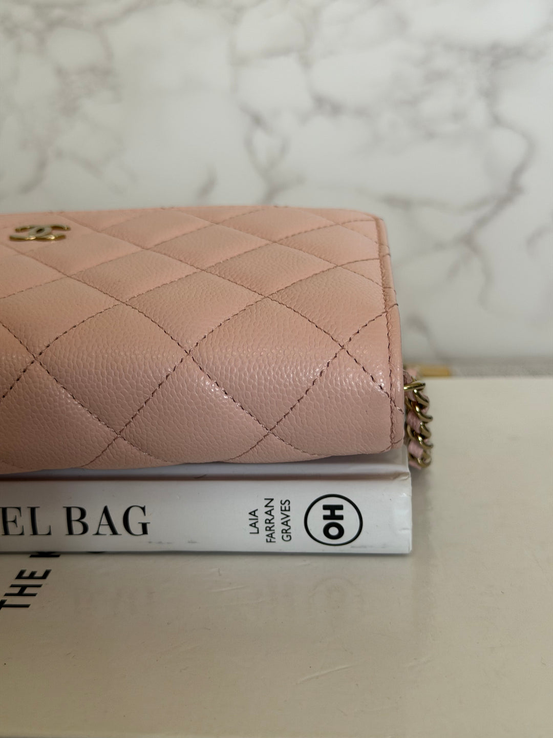 CHANEL Light pink/Nude pink caviar LGHW Classic Wallet on chain (WOC) 2024