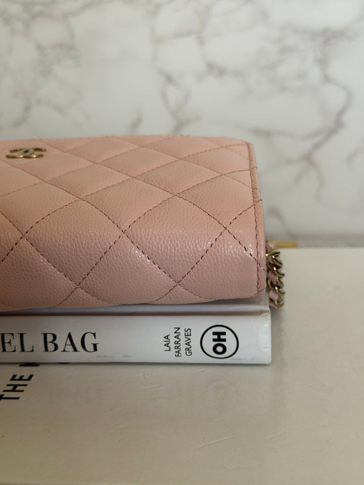 CHANEL Light pink/Nude pink caviar LGHW Classic Wallet on chain (WOC) 2024