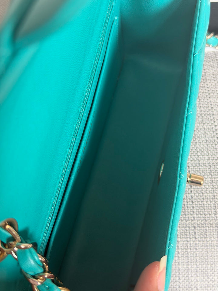 CHANEL series 23 Turquoise Lambskin LGHW Mini Rectangular Flap Bag 2016
