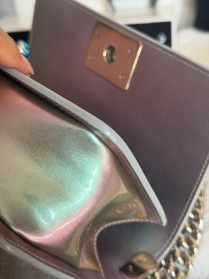 CHANEL 18S Iridescent Patent Calf Skin Purple Blue Mermaid Le Boy Flap Bag size Small