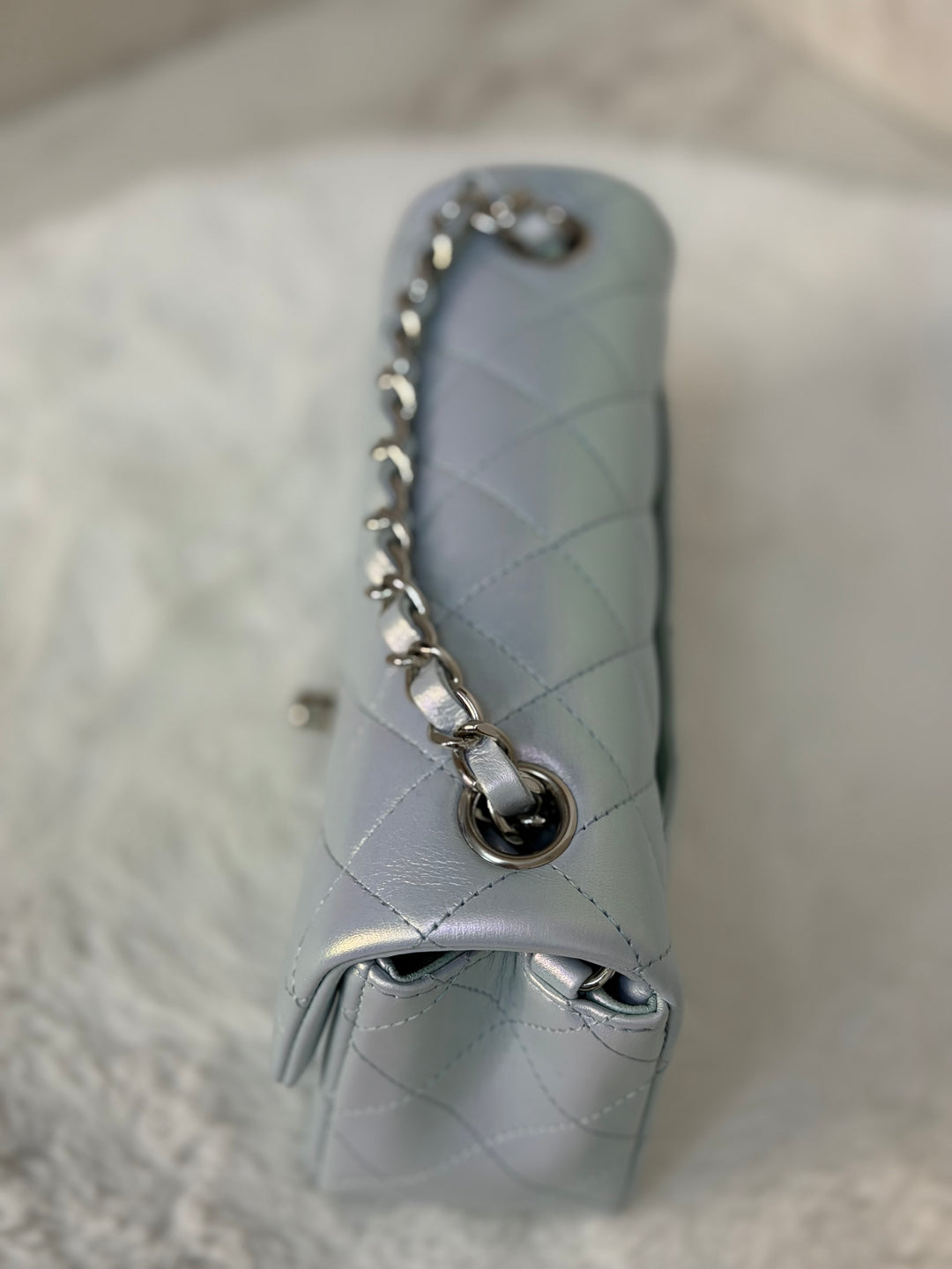 CHANEL 21K 2021 Iridescent light Blue Calf skin SHW Mini rectangular flap bag microchip