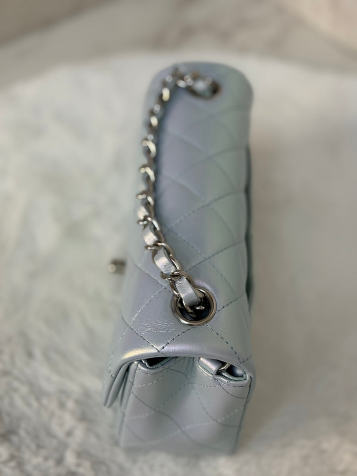 CHANEL 21K 2021 Iridescent light Blue Calf skin SHW Mini rectangular flap bag microchip