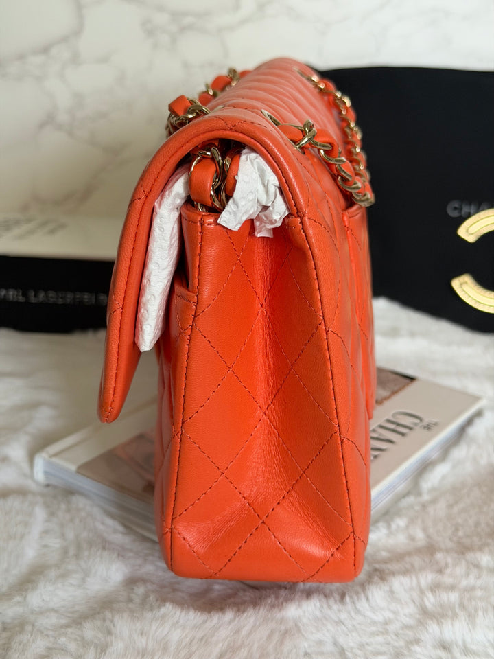 CHANEL 20S Orange Lambskin LGHW Medium ML Timeless Classic Double Flap Bag