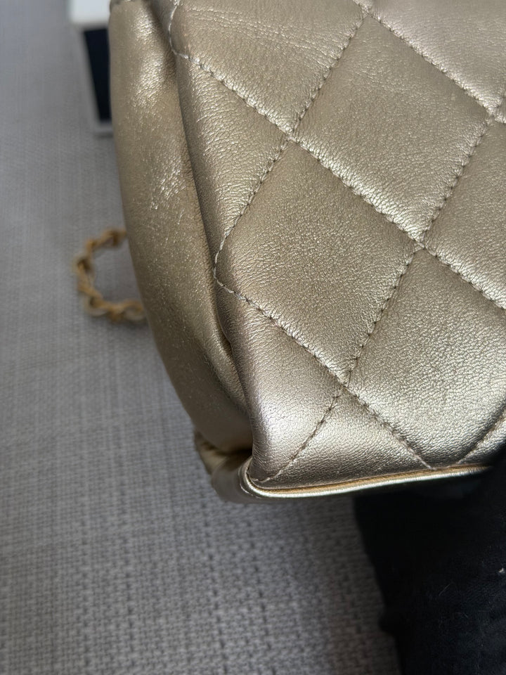CHANEL Gold Metallic Lambskin CC Crystal Logo Chain Flap Bag 2022