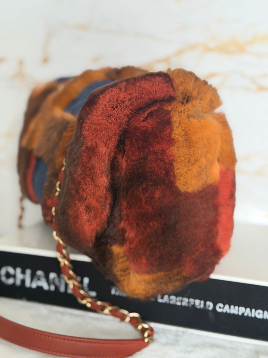 CHANEL series 28 Orylag Red Orange Navy Fur Flap Bag with GHW Medium Single Flap Bag 2018
