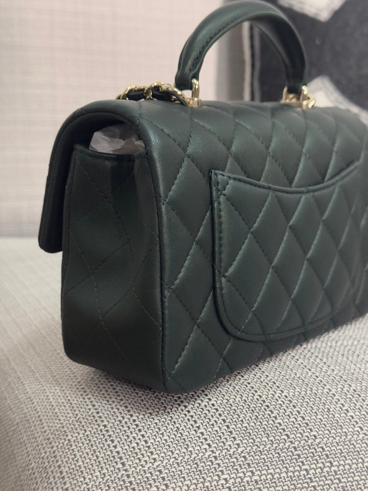 Chanel Iridescent Dark Green Lambskin Mini Rectangular Flap Bag with Top Handle and Champagne GHW
