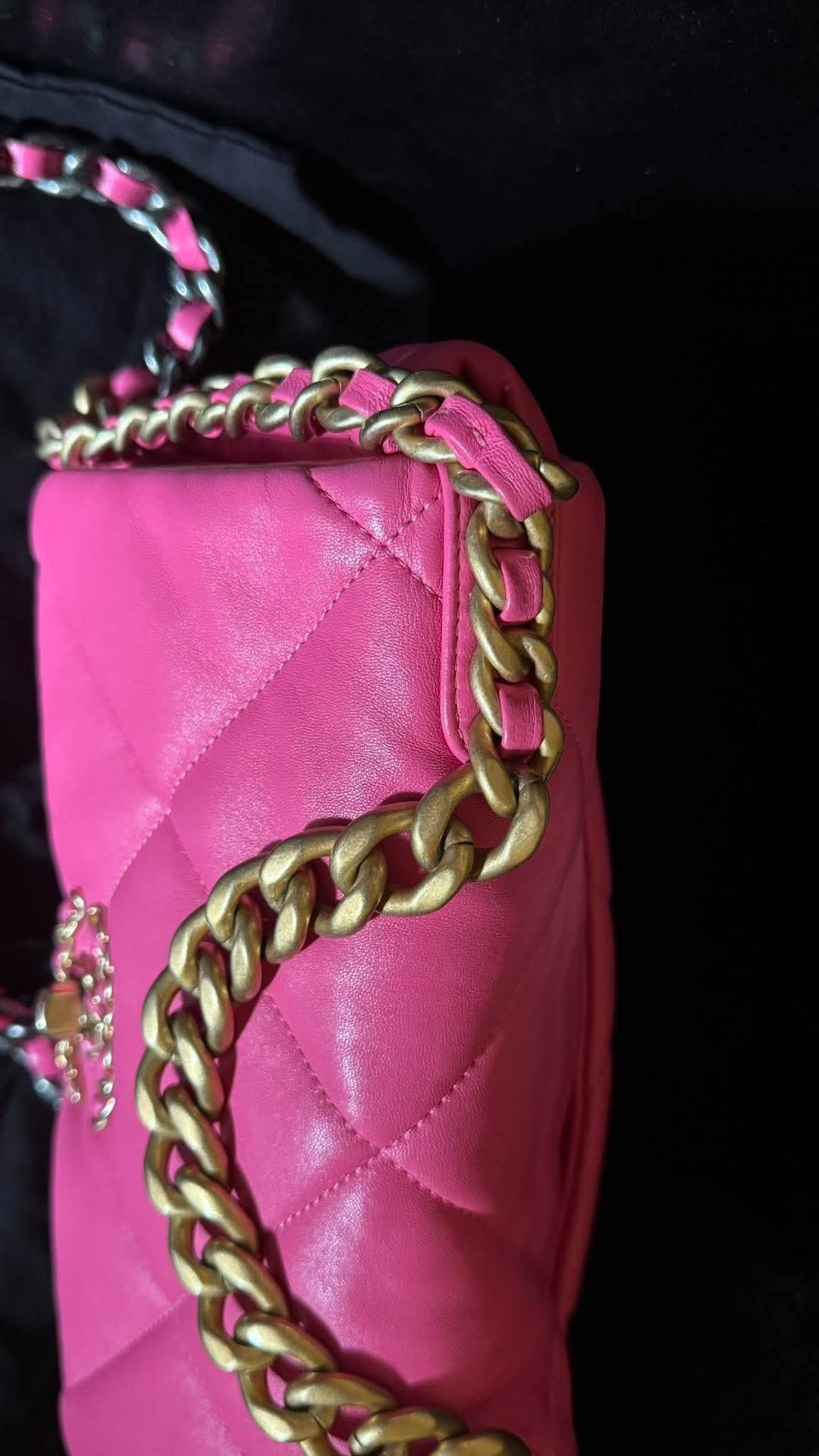 CHANEL 19 size Small in Hot Pink Lambskin Mixed Hardware Flap Bag Microchipped